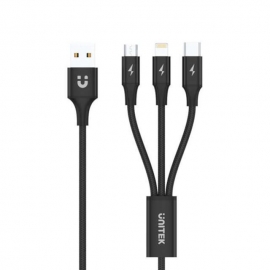 Unitek 1.2m 3-in-1 USB-A to USC-C / MicroUSB / Lightning Cable, Data transfer rate of 480Mbps, works will all devices, Cable Length of 1.2M C14049BK