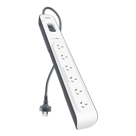 Belkin SurgeMaster 6-Outlet Surge Protection Strip With 2M Power Cord - White/Grey (BSV603au2M), 650 Joules Protection, Cew $30,000, 2 Years Warranty BSV603au2M