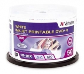 VERBATIM DVD+R 50pk Spindle - InkJet Printable White - 4.7GB 16x 95136