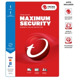 Trend Micro Maximum Security - 1 Device - 1 Year Subscription - Auto Renewal - For Individual Resale - Ransomware Protection - Pay Guard - System Optimizer - Social Media Protection - Secures Mobile Devices - Password Manager - Dark Web Monitoring - P TIC