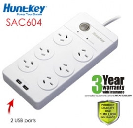 Huntkey Power Board (sac604) With 6 Sockets And 2 Usb Ports Psuhunsac604pbw