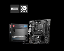 MSI B760M BOMBER WIFIB760 mATX Motherboard, 4x DDR5~128GB, 1x PCI-E x 16, 1x PCI-E x 1, 2x M.2, 4x SATA, 4x USB 3.2 , 2x USB 2.0, Wi-Fi 6E + BT 5.3, HDMI/DP/VGA