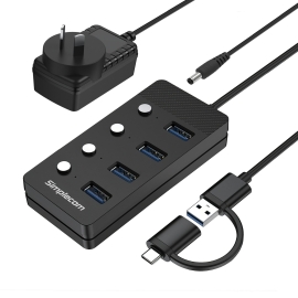 Simplecom CH345C SuperSpeed Usb-a And Usb-c To 4-Port USB 3.0 Hub 5Gbps Individual Switches And Power Adapter CH345C