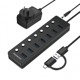 Simplecom CH375C Usb-a And Usb-c To 7-Port USB 3.0 Hub 5Gbps Individual Switches And Power Adapter CH375C