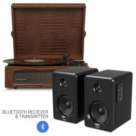 Crosley Voyager Bluetooth Portable Turntable - Brown Croc + Bundled Majority D40 Bluetooth Speakers - Black CR8017BMY-BR4