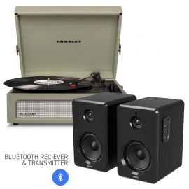 Crosley Voyager Bluetooth Portable Turntable - Sage + Bundled Majority D40 Bluetooth Speakers - Black CR8017BMY-SA4