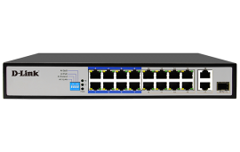 DLINK 18-Port PoE Switch with 16 10/100Mbps Long Reach PoE+ Ports and 2 Gigabit Uplinks with Combo SFP. PoE budget 150W DES-F1018P-E