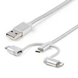 STARTECH.COM 1M USB2.0 TO MULTIPORTS CABLE, BRAIDED, USB-C/MICRO-USB/LTN, WHITE,2YR LTCUB1MGR