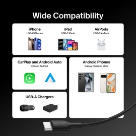 Belkin BoostCharge Pro Braided USB-A to USB-C 2.0 Cable (1M) - Black (CAB022fq1MBK), iPhone ,iPad,Samsung Galaxy, USB - IF Certified, 2 Years Warranty CAB022fq1MBK