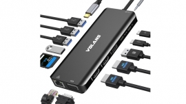 VOLANS VL-UCTDMH-SAluminum 14-in-1 USB-C Hub with 100W PD - 2x HDMI, 1x VGA, 3x USB-A, 2x USB-C, 1x Ethenet, Card Reader