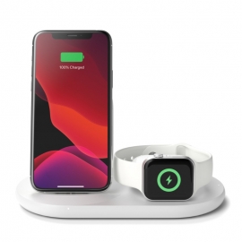 Belkin BOOST CHARGE 3-in-1 Wireless Charger for Apple Devices - White (WIZ001auWH), Fast Wireless Charging, Apple Watch Puck with Nightstand mode