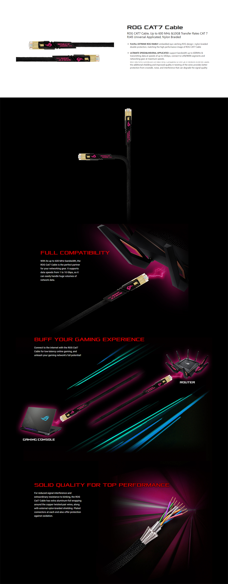 ASUS ROG CAT7 CABLE, Up to 600 MHz &10GB Transfer Rates CAT 7 RJ45