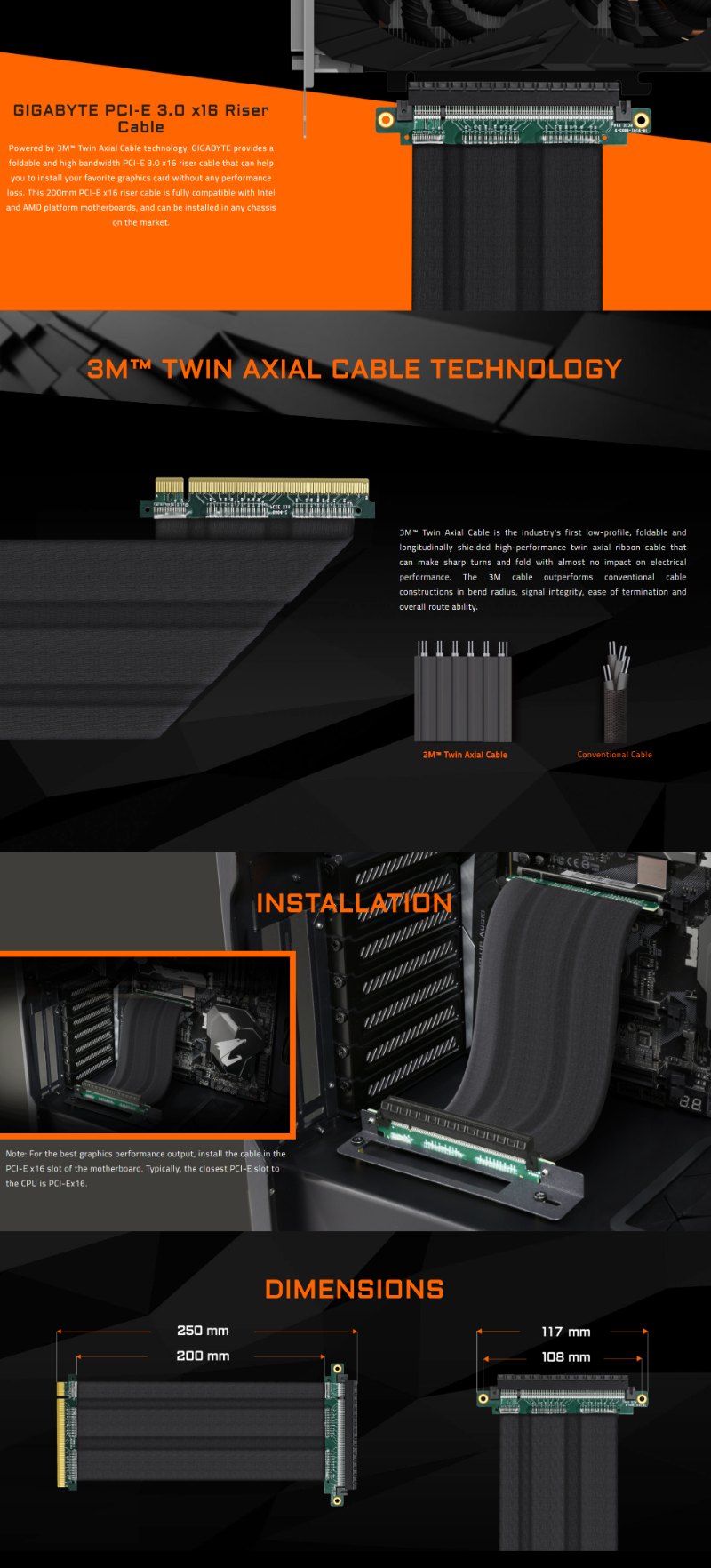 GIgabyte PCI-E 3.0 x16 Riser Cable,Length 200 mm, Powered by 3M Twin