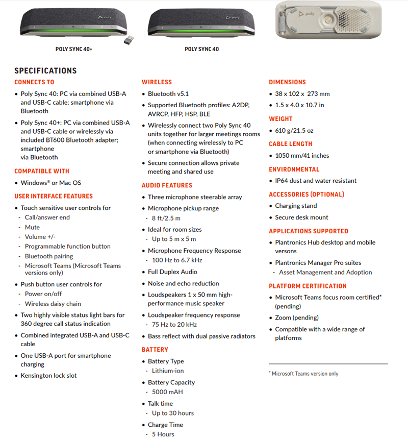 Plantronics 40 Inch Plantronics/Poly Sync 40+, Teams, including Sync40 and BT600 Bluetooth ...
